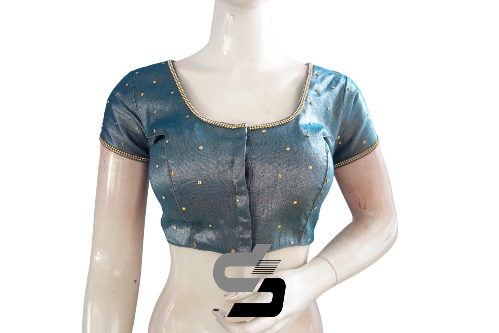 Blue Color Plain Moti Tissue Readymade Blouses - D3blouses