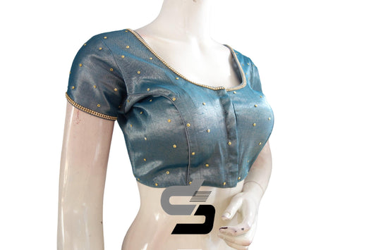 Breathtaking Blue: Plain Moti Tissue Designer Readymade Blouses - Elevate Your Look with Timeless Elegance and Subtle Sparkle, Perfect for Making a Statement with Sophisticated Style.