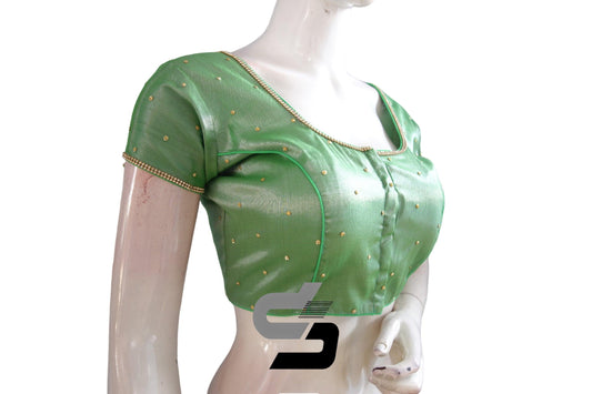 Chic &amp; Elegant: Green Color Plain Moti Tissue Readymade Blouses - Elevate Your Look with Subtle Sparkle and Timeless Elegance, Perfect for Effortlessly Enhancing Your Style with a Touch of Glamour.