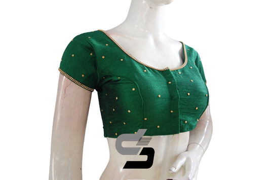 Effortless Elegance for Your Fashion Statement: Green Color Plain Moti Stone Readymade Blouse - Elevate Your Style with the Subtle Glamour of Moti Stones, Perfect for Making a Statement with Effortless Sophistication.