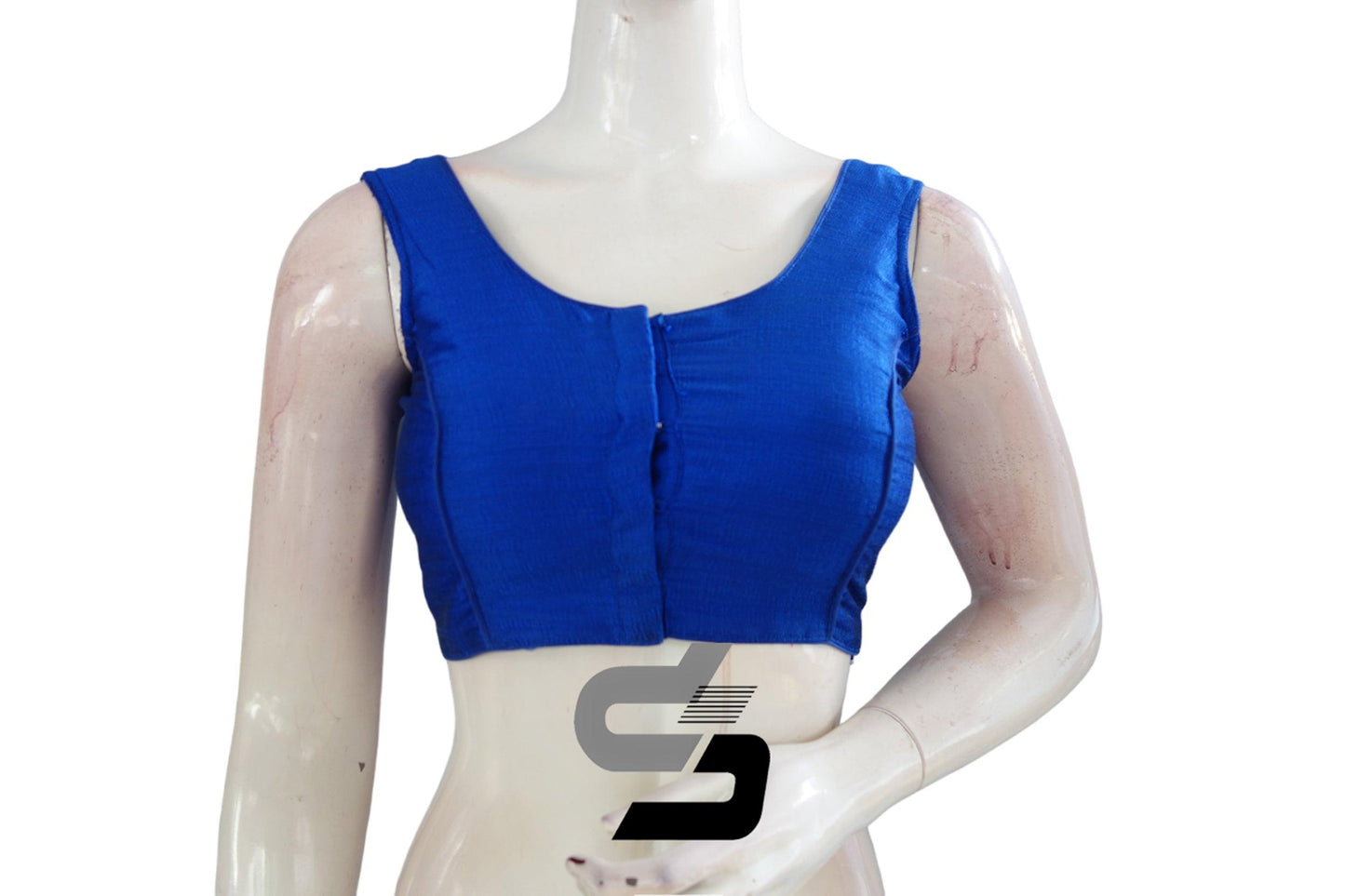 "Flaunt Your Style: Semi Silk Royal Blue Sleeveless Readymade Blouse for Sarees" - D3blouses