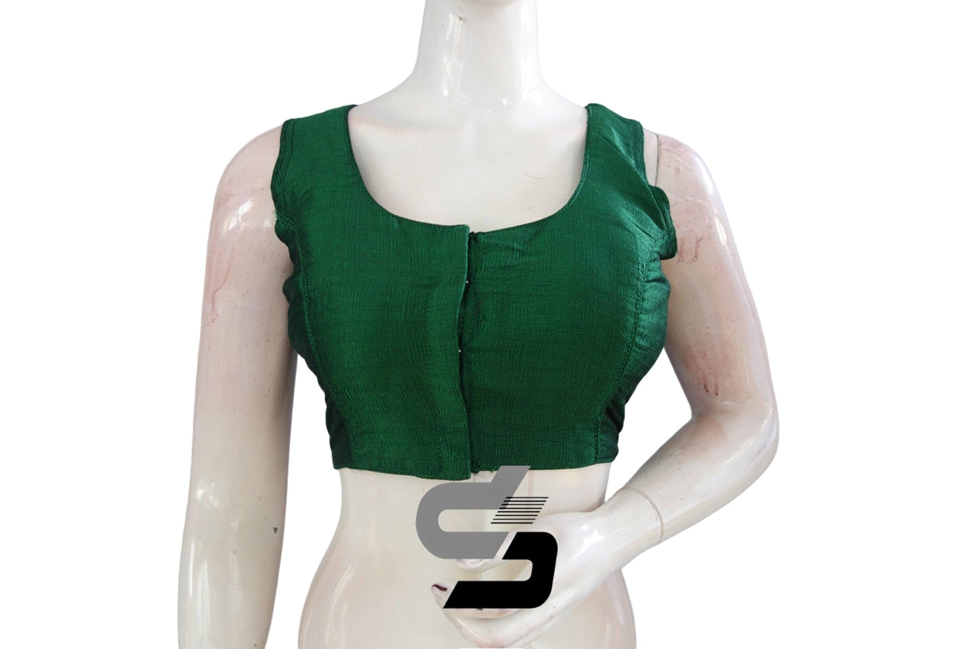 "Contemporary Charm: Sleeveless Green Color Semi Silk Readymade Blouse for Sarees" - D3blouses