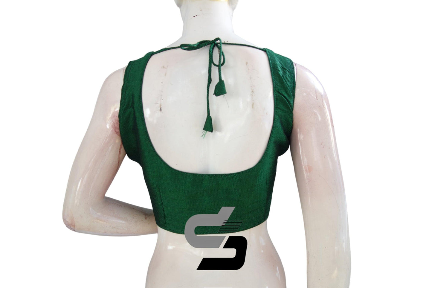"Contemporary Charm: Sleeveless Green Color Semi Silk Readymade Blouse for Sarees" - D3blouses