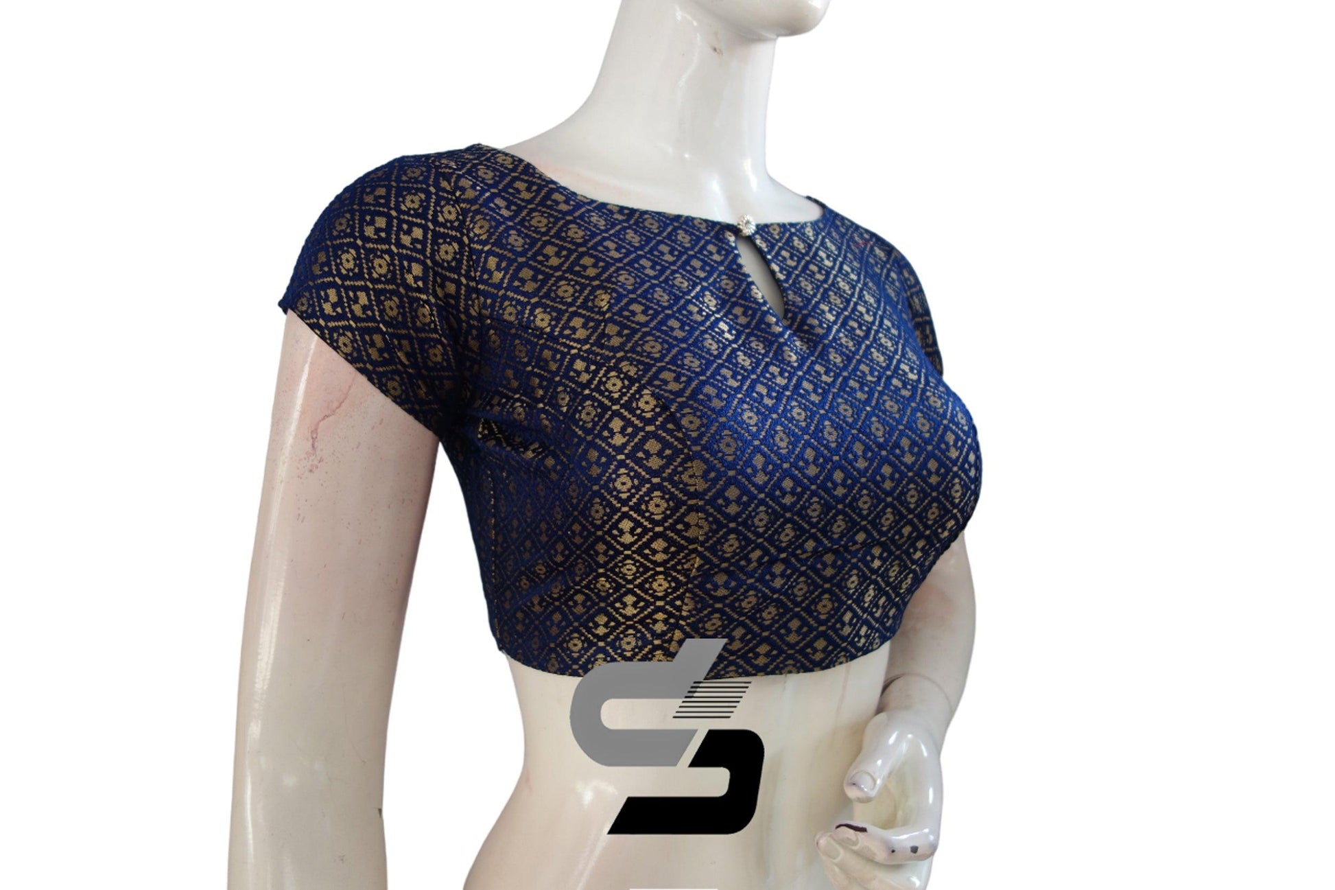 "Make a Statement with Navy Blue Boat Neck Readymade Silk Saree Blouses" - D3blouses