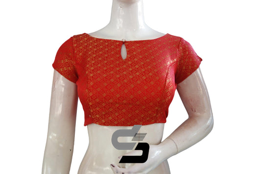 "Striking Red Color Boat Neck Brocade Silk Readymade Saree Blouses" - D3blouses