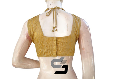 "Luxurious Appeal: Turtle Neck Gold Readymade Saree Blouse with Intricate Netted Embroidery" - D3blouses