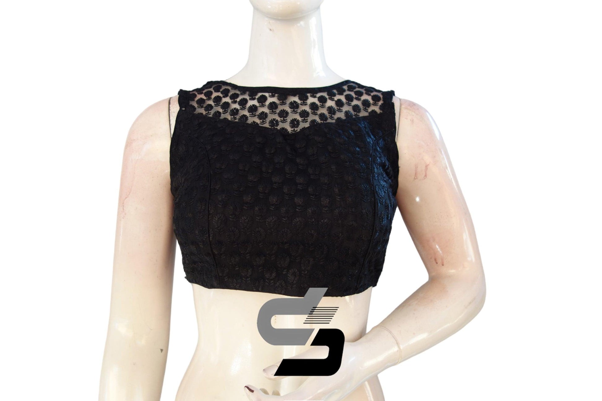 Black Color Netted Sleeveless Readymade Saree Blouse - D3blouses