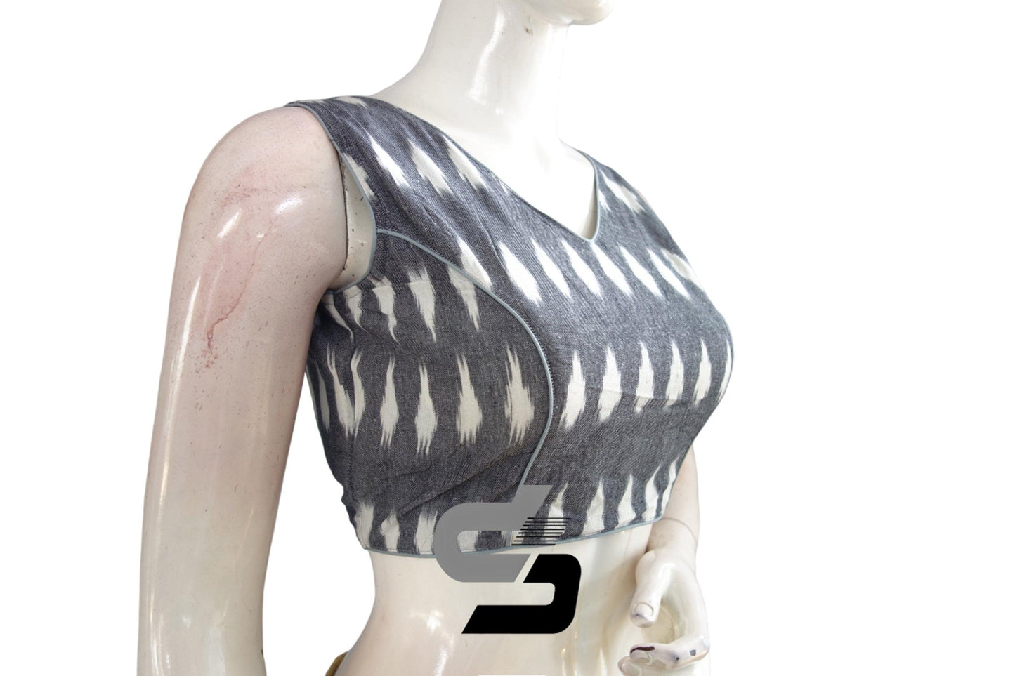 Grey color Ikkat V-neck Designer Readymade Blouse with Tassels - D3blouses