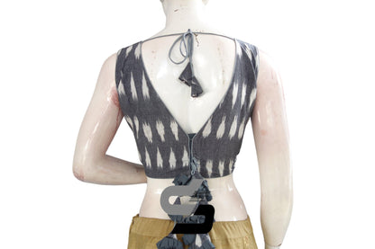 Grey color Ikkat V-neck Designer Readymade Blouse with Tassels - D3blouses