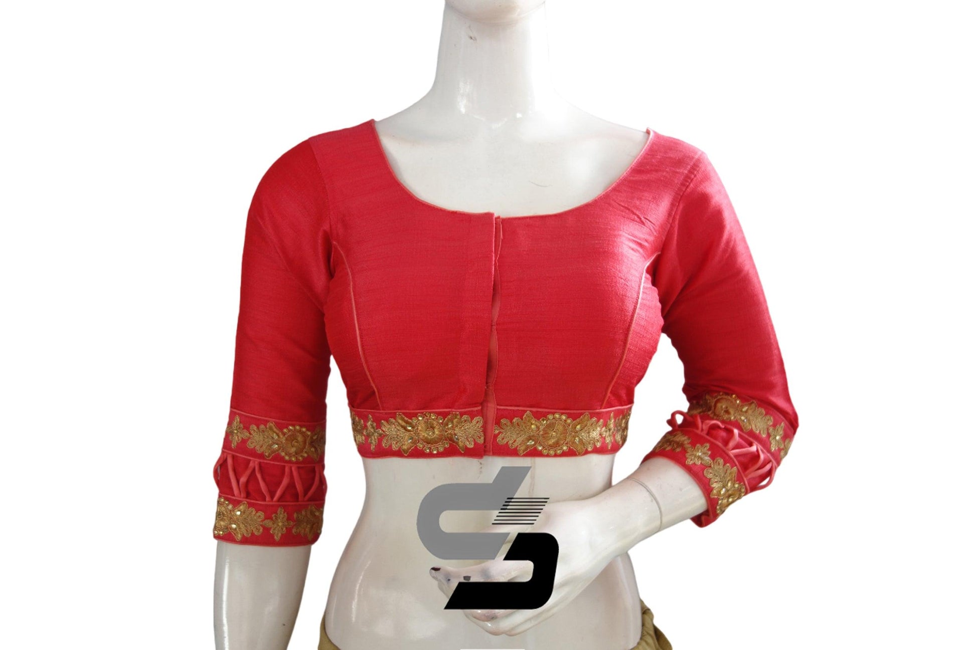 "Chic Peach Pink Designer Readymade Saree Blouse with 3/4th Sleeves: Elevate Your Saree Look with Style!" - D3blouses
