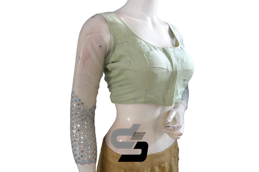 "Pastel Green Net Foil Mirror Blouse with Bracelet Sleeves: Enhance Your Saree Look with Subtle Elegance!" - D3blouses