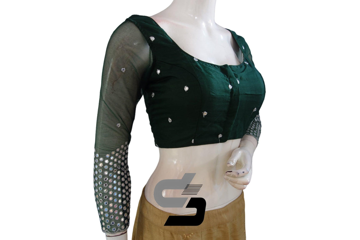 "Stunning Dark Green Designer Net Foil Mirror Blouse with Bracelet Sleeves: Perfectly Complement Your Saree!" - D3blouses