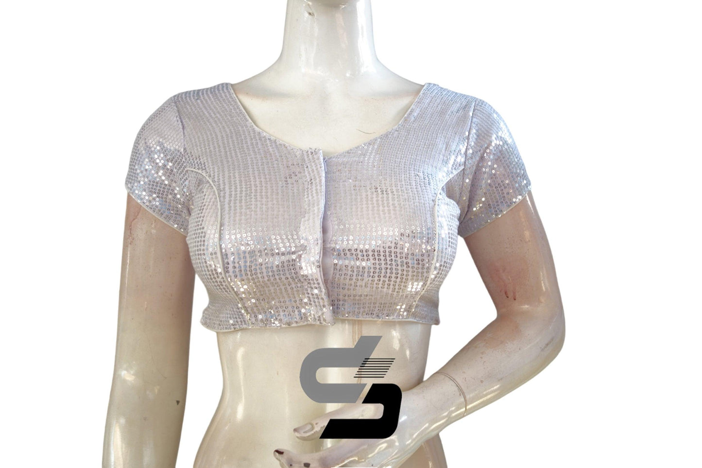 "Captivating White Netted Sequins Designer Blouse: Readymade Saree Blouse for a Chic Statement"