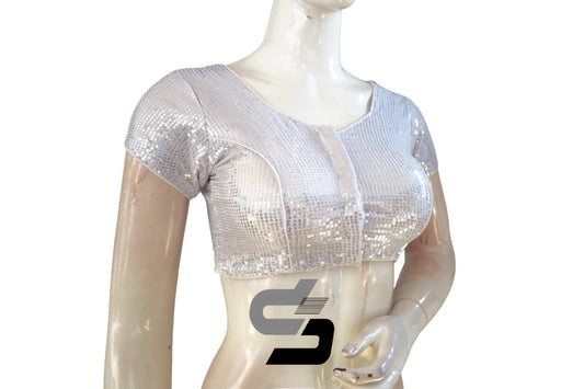 "Captivating White Netted Sequins Designer Blouse: Readymade Saree Blouse for a Chic Statement" - D3blouses