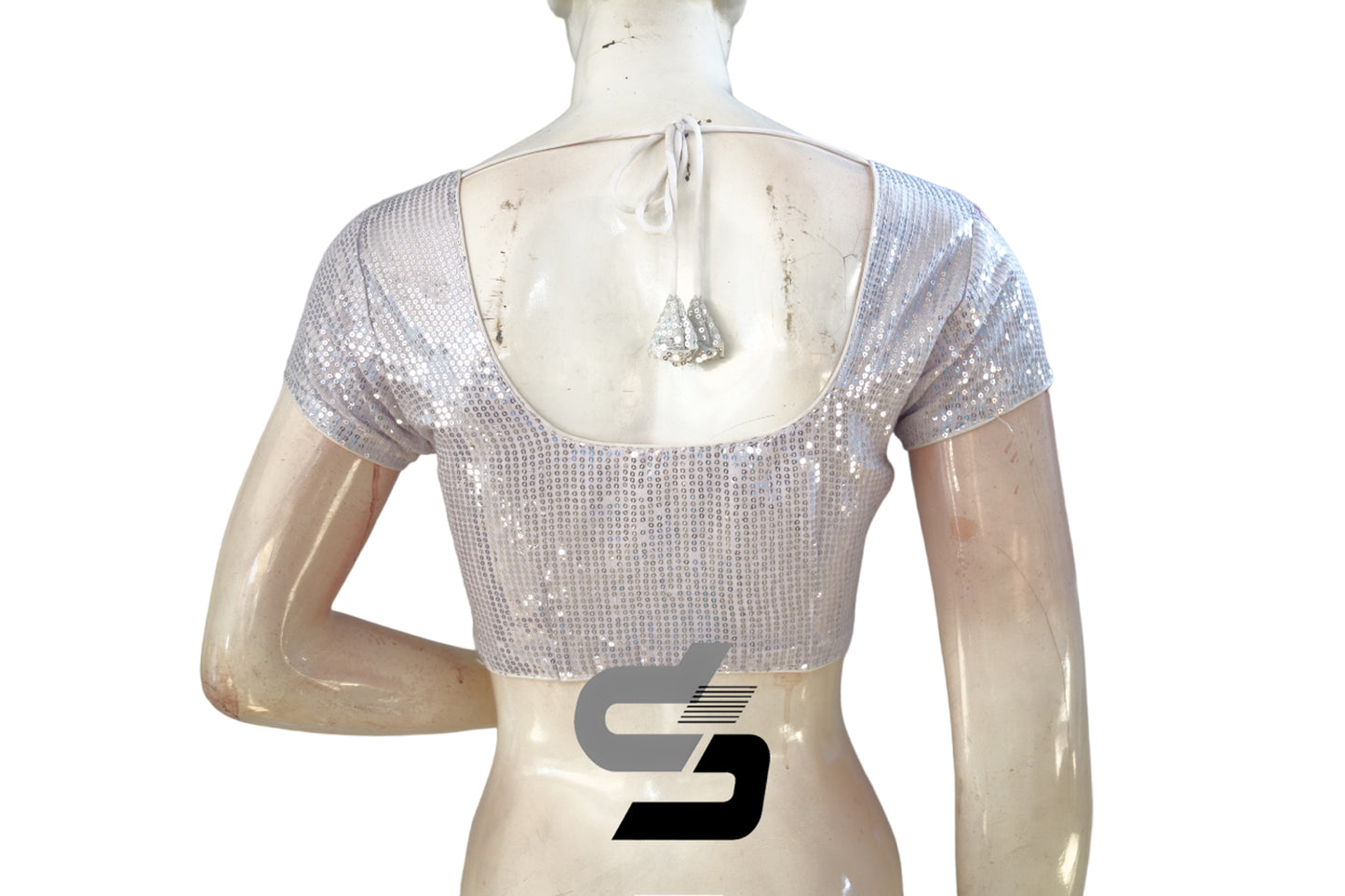 "Captivating White Netted Sequins Designer Blouse: Readymade Saree Blouse for a Chic Statement"