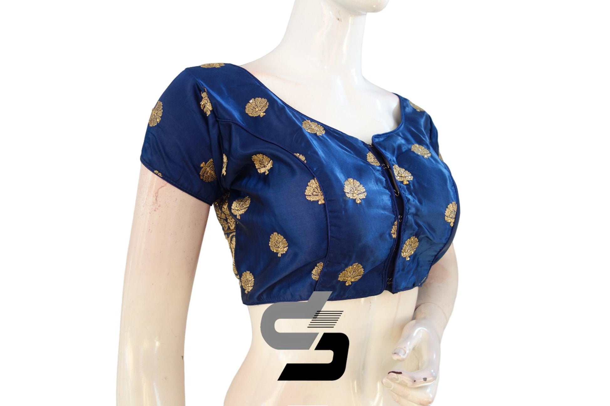 "Glamorous Navy Blue Embroidery Party Wear Blouses: Semi Silk Readymade Collection" - D3blouses