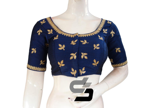 "Sleek and Stylish: Navy Blue Color Semi Silk Embroidered Readymade Blouse" - D3blouses