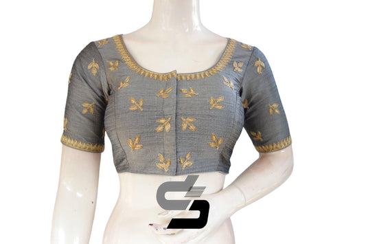 "Elegant in Grey: Semi Silk Designer Machine Embroidery Readymade Saree Blouse" - D3blouses