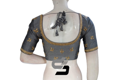 "Elegant in Grey: Semi Silk Designer Machine Embroidery Readymade Saree Blouse" - D3blouses