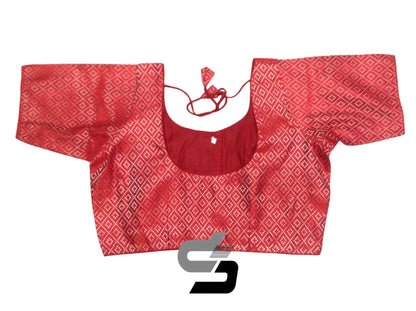 Elegant Red Plus Size Brocade Silk Saree Blouses, Indian Ethnic Wear