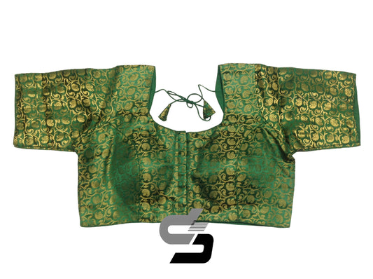 Green Color Plus Size Brocade Silk Readymade Saree Blouses, Indian Plus Size Blouse