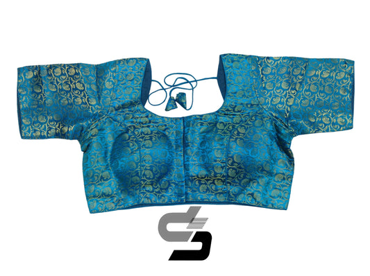 Blue Color Plus Size Brocade Silk Readymade Saree Blouses, Indian Plus Size Blouse