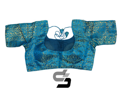 Blue Color Plus Size Brocade Silk Readymade Saree Blouses, Indian Plus Size Blouse