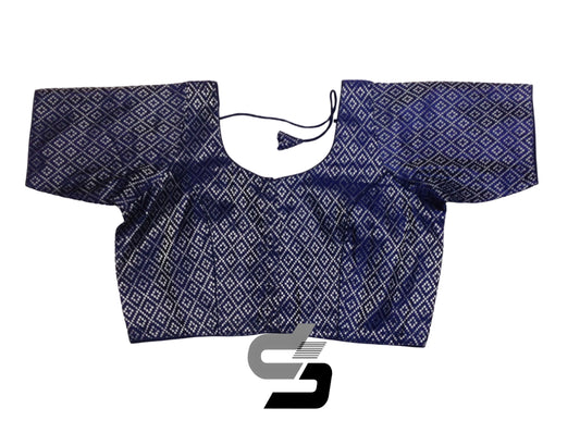 Navy Blue Color Plus Size Brocade Silk Readymade Saree Blouses, Indian Plus Size Blouse