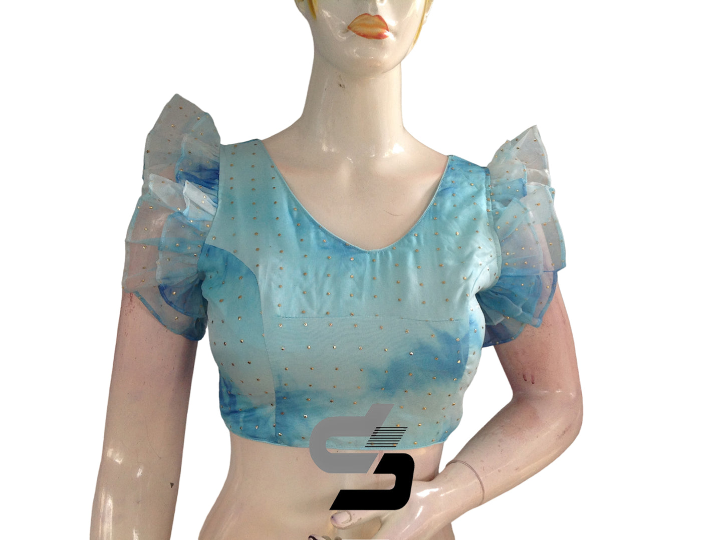 Blue Color Tie Dye Designer V Neck Georgette Readymade Saree Blouse with Ruffle Sleeves
