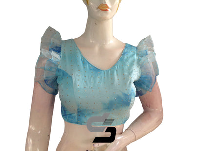 Blue Color Tie Dye Designer V Neck Georgette Readymade Saree Blouse with Ruffle Sleeves