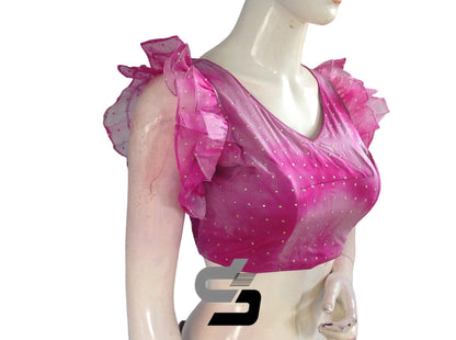 Magenta Color Tie Dye Designer V Neck Georgette Readymade Saree Blouse with Ruffle Sleeves
