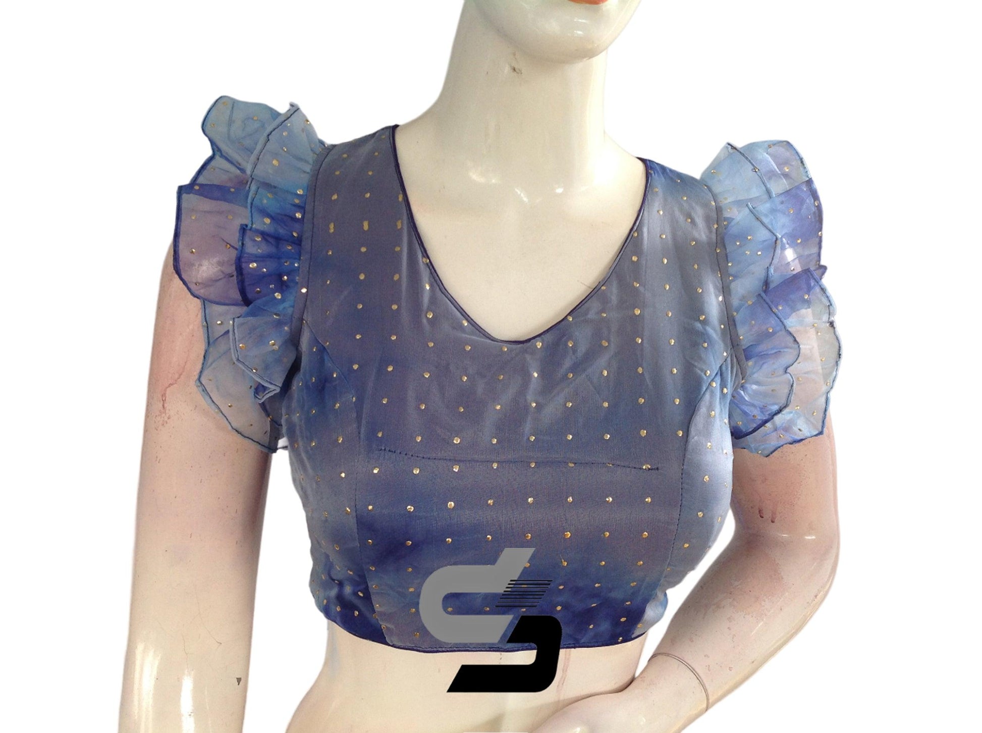 Blue Bliss, Tie Dye Designer V Neck Georgette Saree Blouse with Ruffle Sleeves - D3blouses