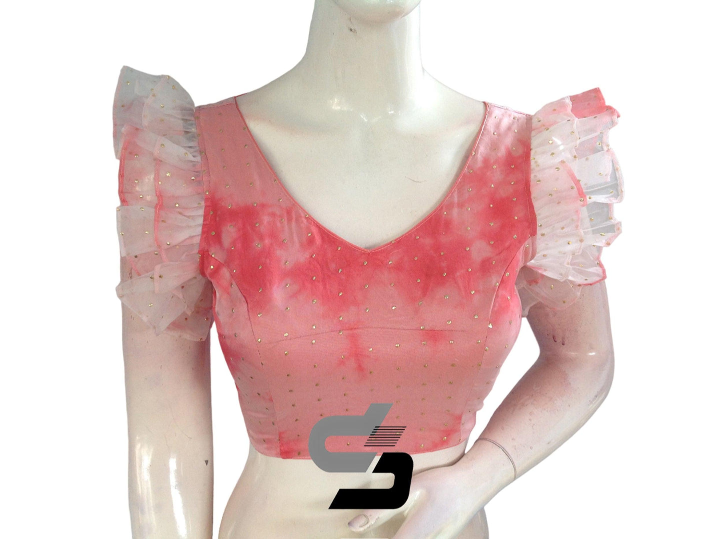 Pretty in Pink, Tie Dye Designer V Neck Georgette Saree Blouse with Ruffle Sleeves