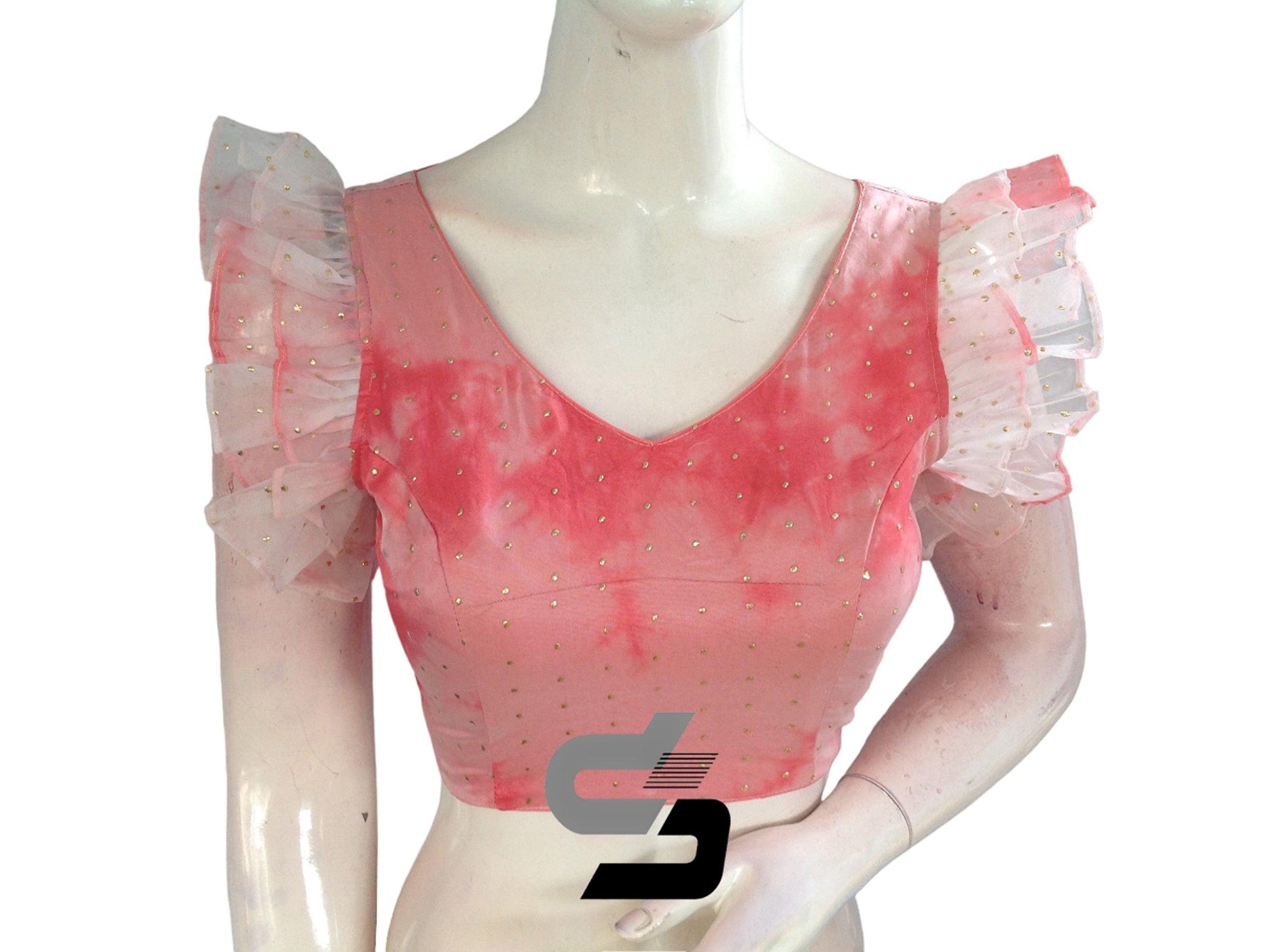 Pretty in Pink, Tie Dye Designer V Neck Georgette Saree Blouse with Ruffle Sleeves - D3blouses