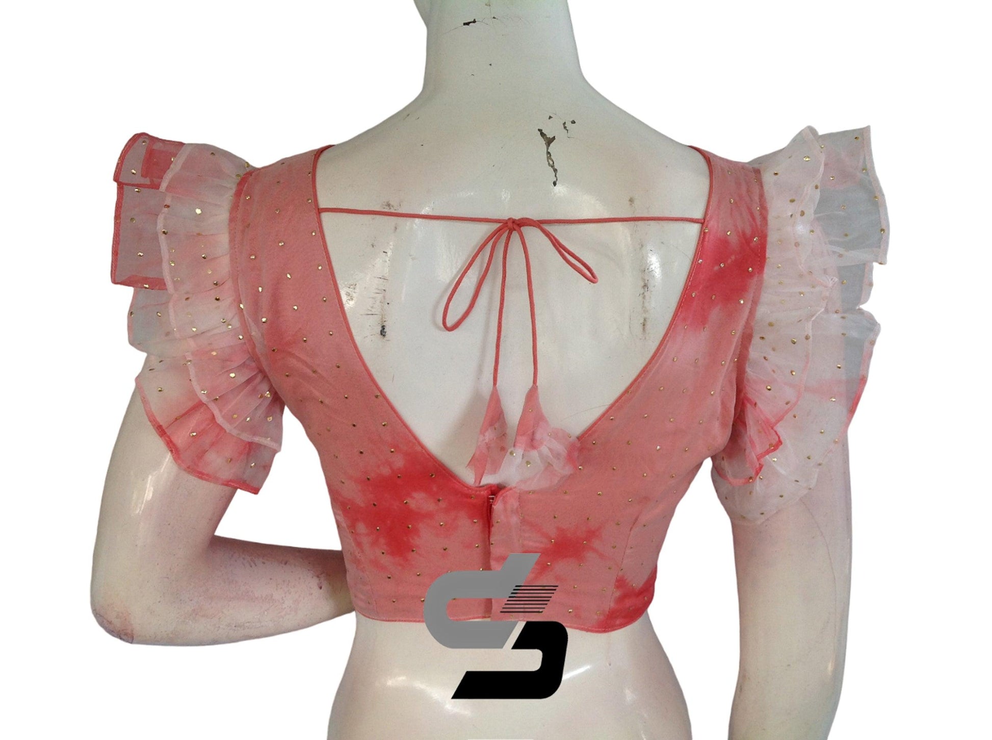 Pretty in Pink, Tie Dye Designer V Neck Georgette Saree Blouse with Ruffle Sleeves - D3blouses