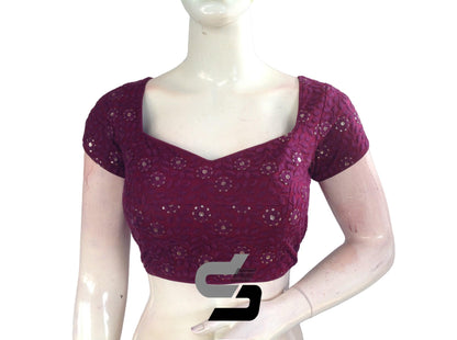 Dark Purple Color Floral Net Embossed Embroidery Readymade Saree Blouse - D3blouses