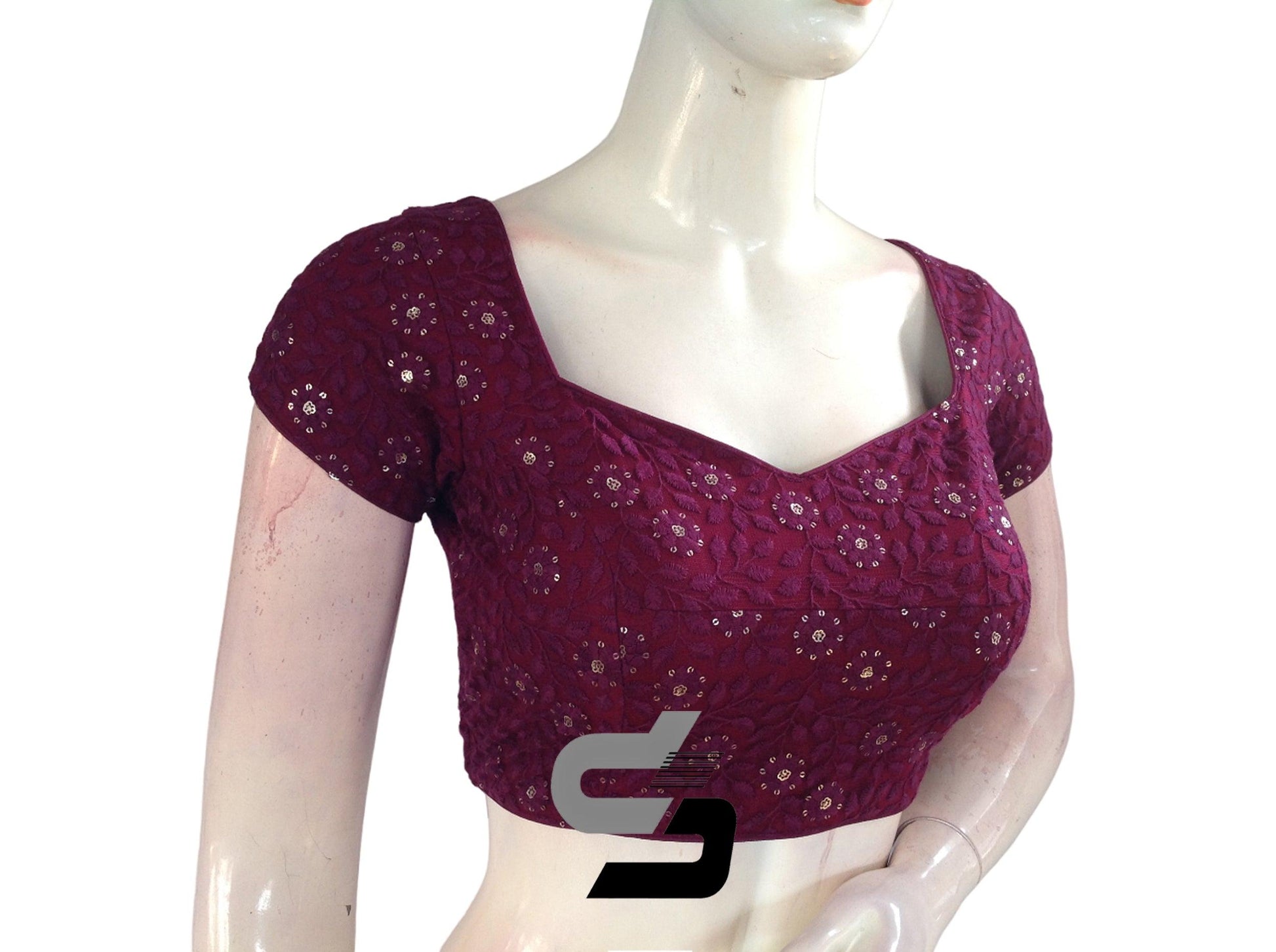 Dark Purple Color Floral Net Embossed Embroidery Readymade Saree Blouse - D3blouses