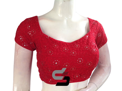 Red Color Floral Net Embossed Embroidery Readymade Saree Blouse