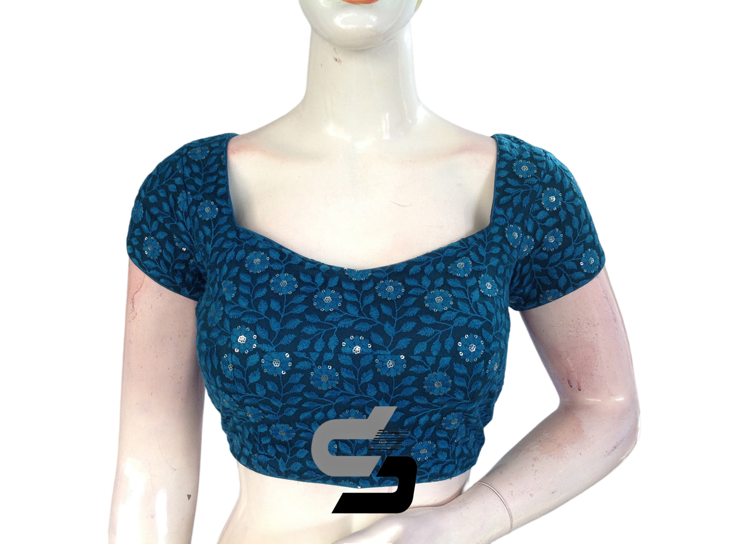 Blue Color Floral Net Embossed Embroidery Readymade Saree Blouse