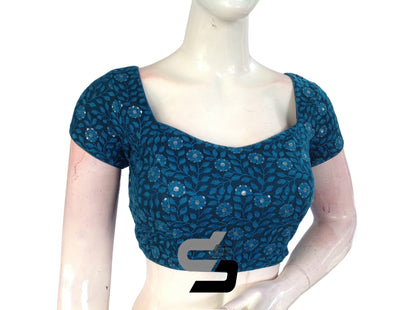 Blue Color Floral Net Embossed Embroidery Readymade Saree Blouse