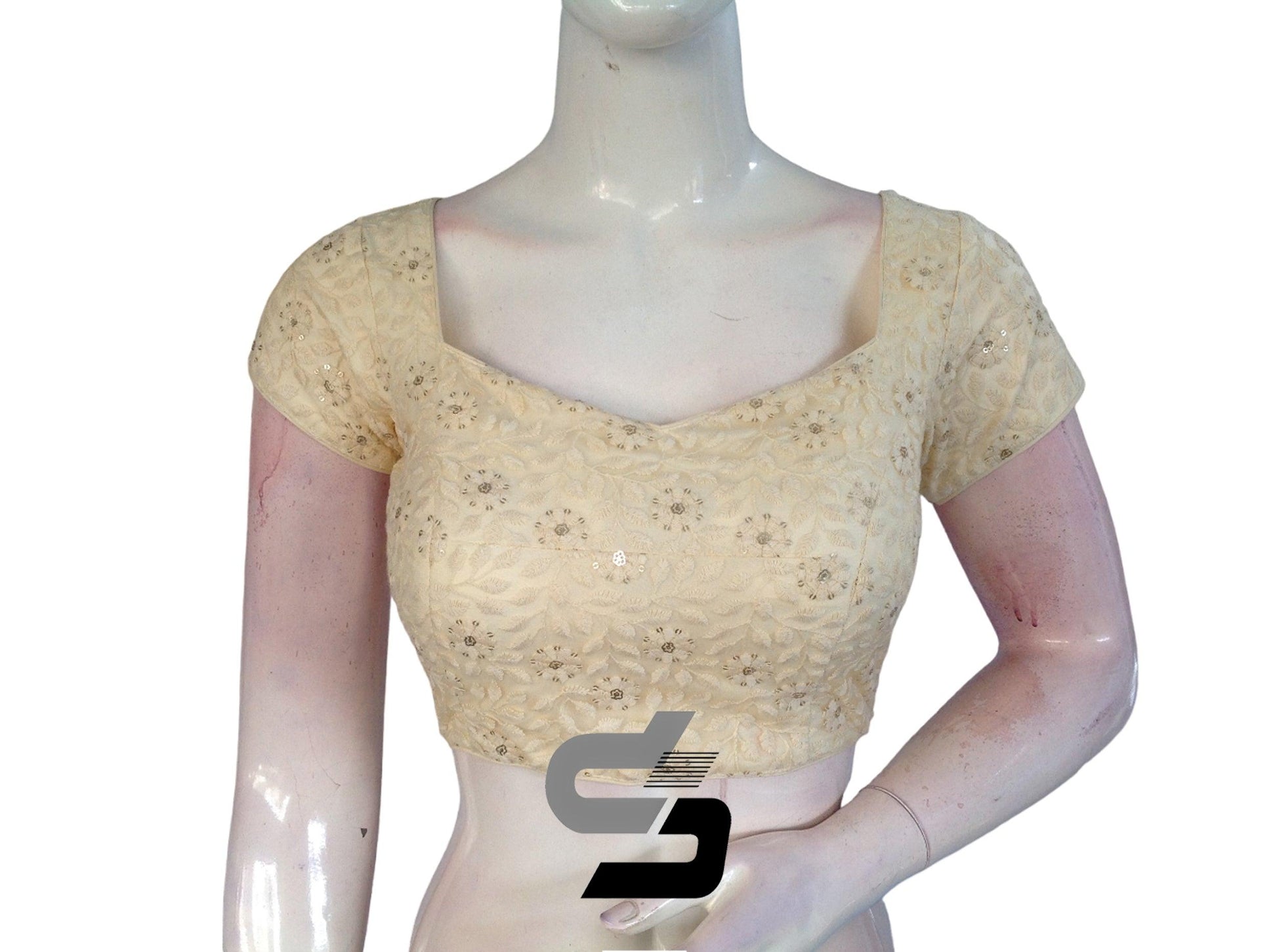 Half White Color Floral Net Embossed Embroidery Readymade Saree Blouse - D3blouses