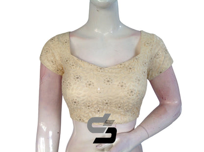 Half White Color Floral Net Embossed Embroidery Readymade Saree Blouse - D3blouses