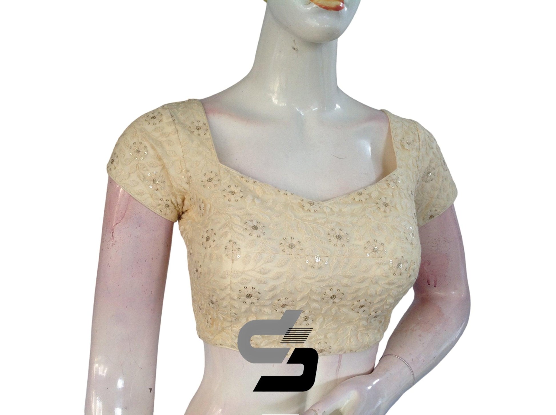 Half White Color Floral Net Embossed Embroidery Readymade Saree Blouse - D3blouses