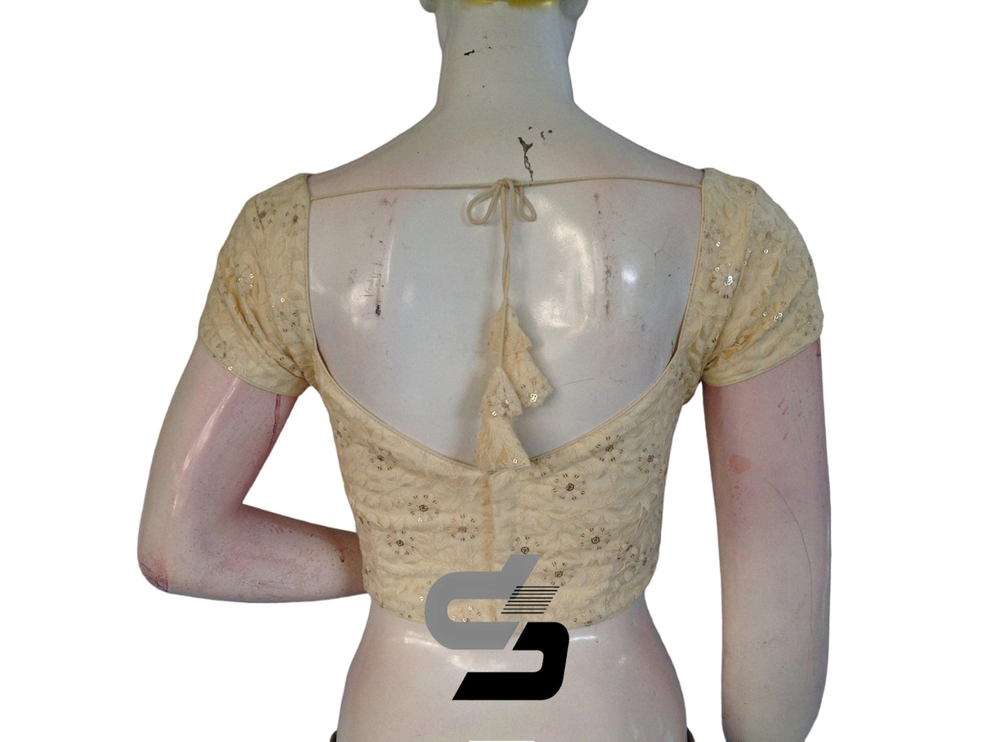 Half White Color Floral Net Embossed Embroidery Readymade Saree Blouse - D3blouses