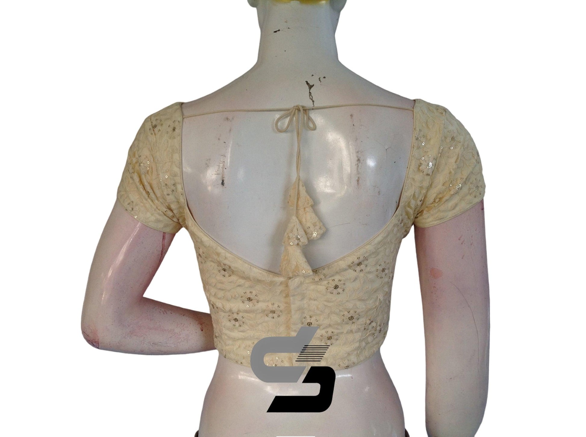 Half White Color Floral Net Embossed Embroidery Readymade Saree Blouse - D3blouses