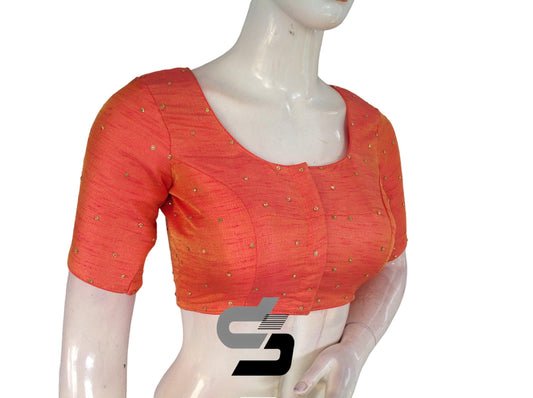 Peach Orange Color Plain Moti Stone Work Indian Saree Readymade Blouse