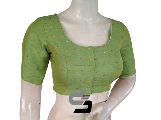 Green Shade Plain Moti Stone Work Indian Saree Readymade Blouse