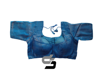 Blue Color Plus Size Readymade Saree Blouses, Indian Brocade Silk Blouse - D3blouses