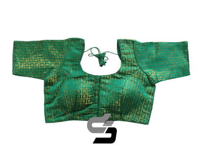 Teal Green Color Plus Size Brocade Silk Readymade Saree Blouses, Indian Plus Size Blouse