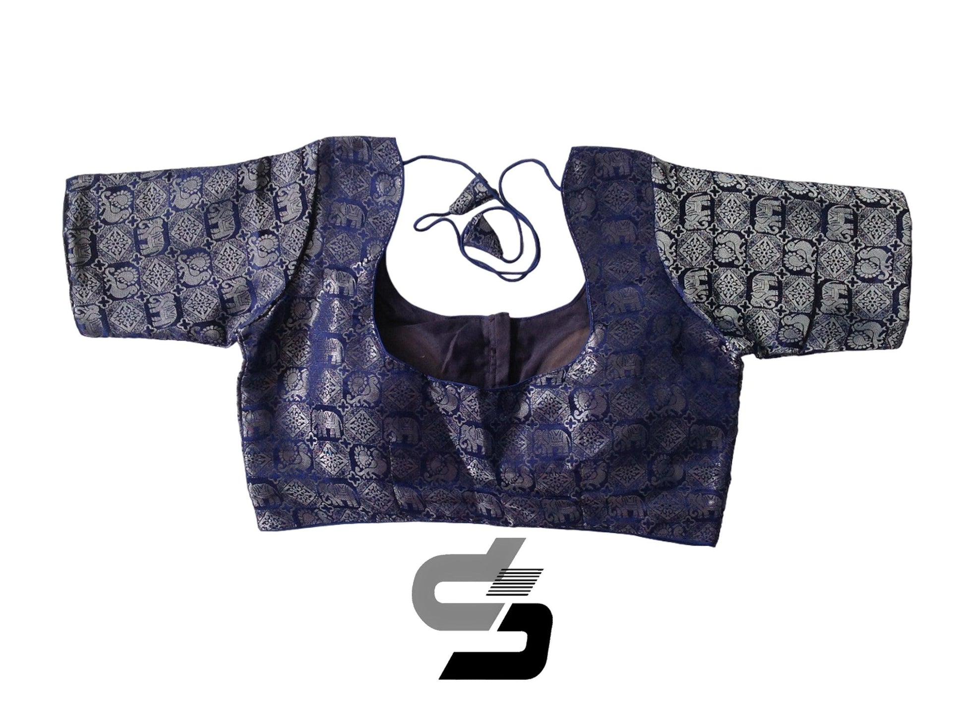 Navy Blue Color Plus Size Readymade Saree Blouses, Indian Brocade Silk Blouse - D3blouses